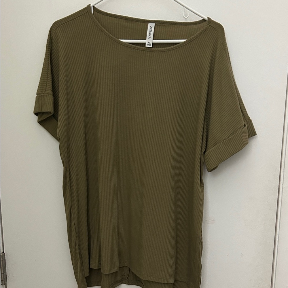 Zenana Outfitters Olive Ribbed Short Sleeve Top